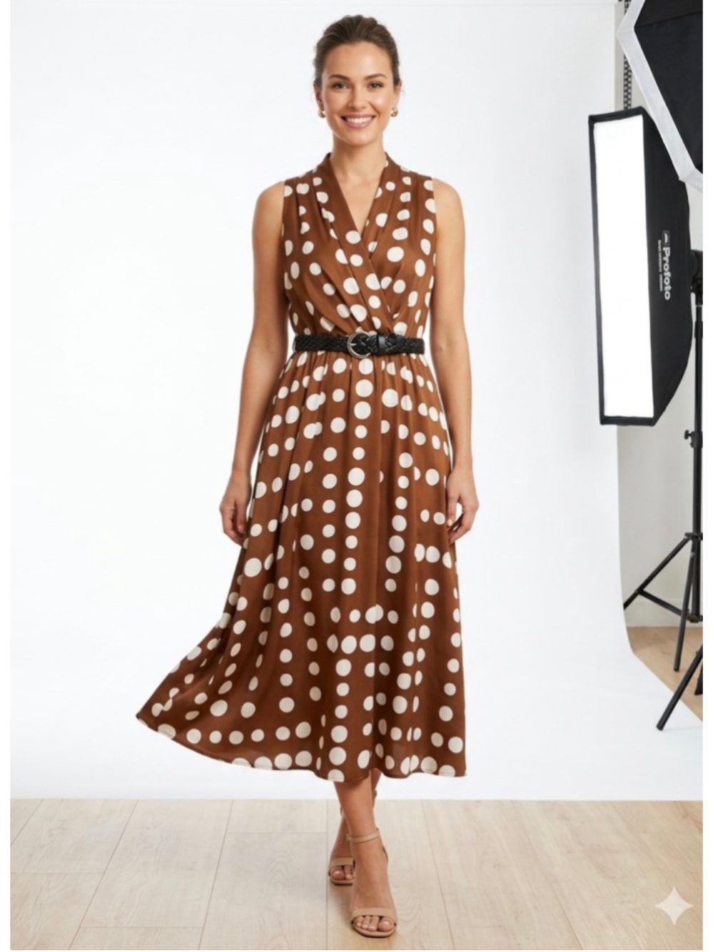 Women Donna Karan New York Polka Dot Dress size 6 Petite Brown White Boho Wrap